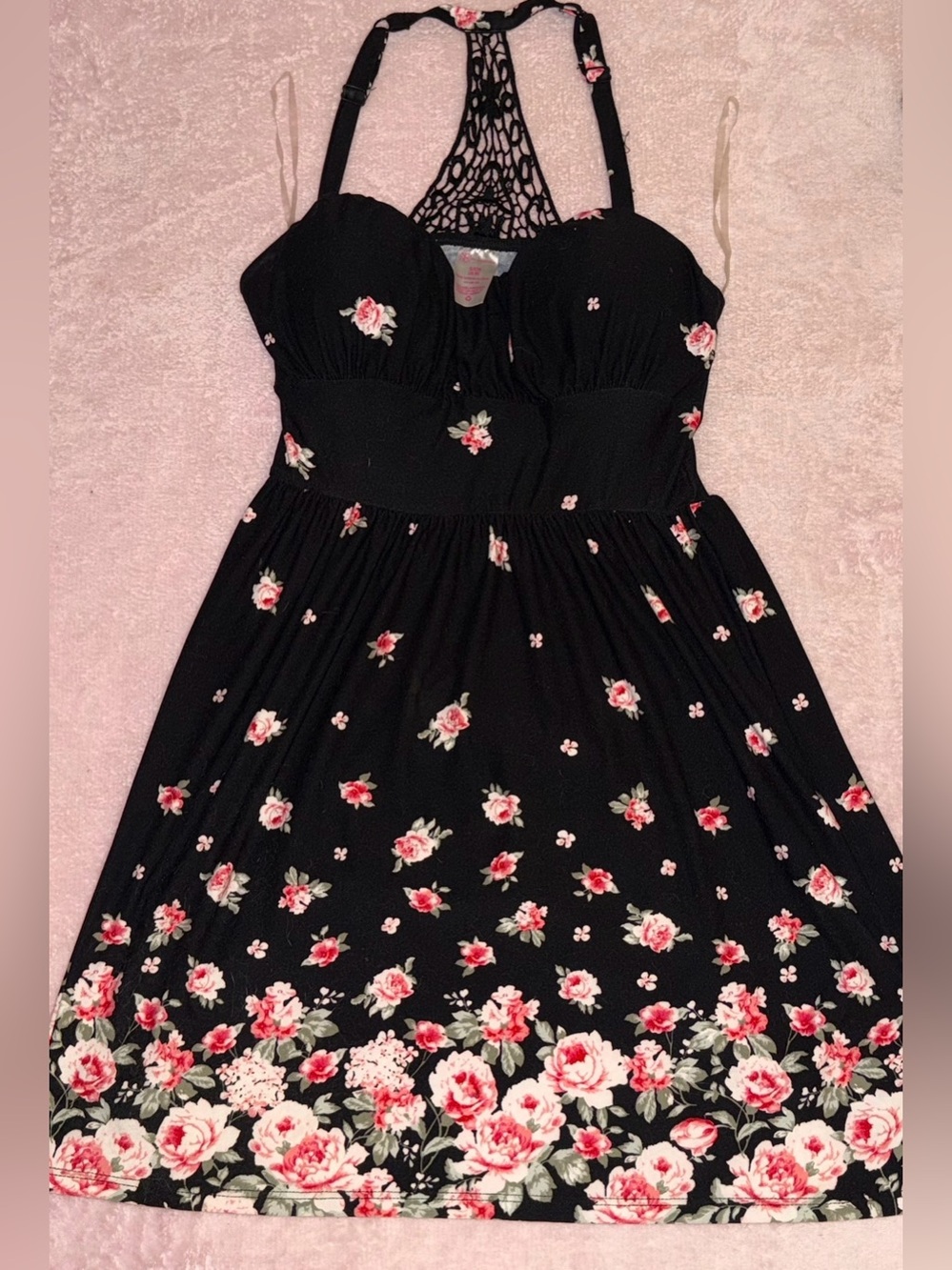 No Boundaries Black Floral Sundress with Pink Rose Pattern